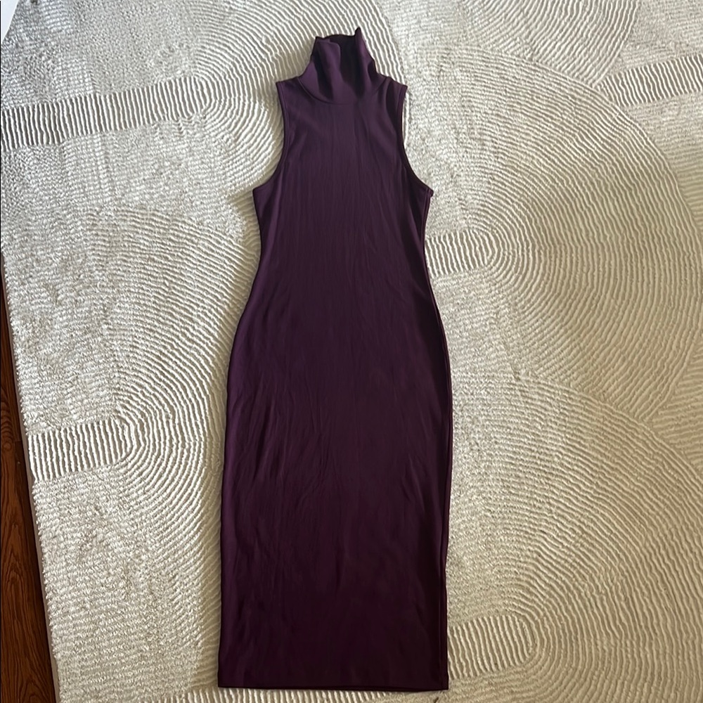 Zara Ribbed Purple Mock Neck Midi Dress
